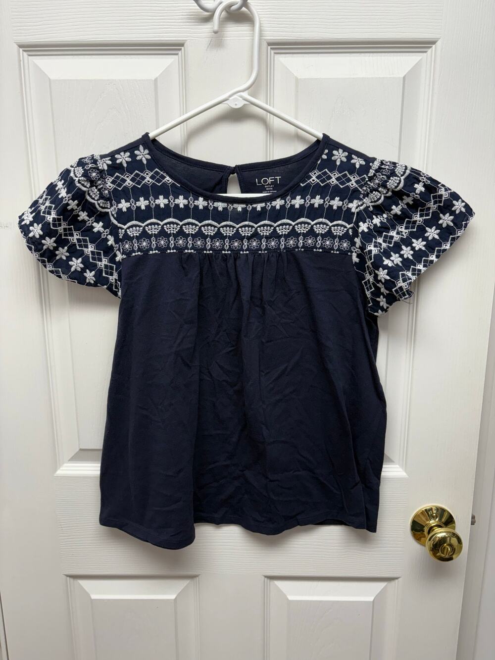 Loft Blouse Navy Blue White Embroidered Smocking Short Sleeves, Women's Size SP